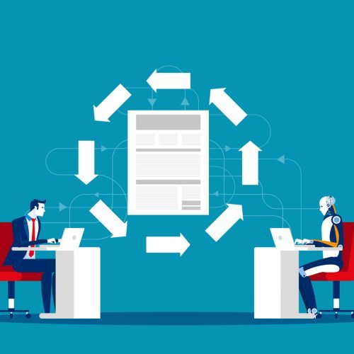 File transfer technology. Robot with human and data exchange between. Concept business office vector illustration.